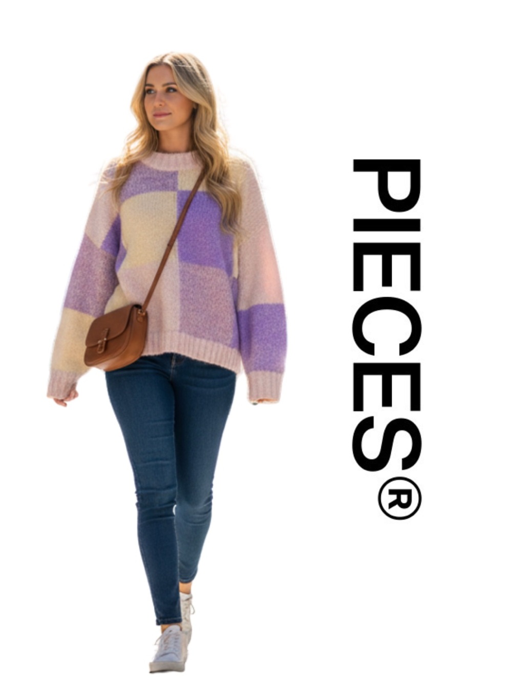 PIECES Maysa Purple & Cream Colorblock Crewneck Sweater